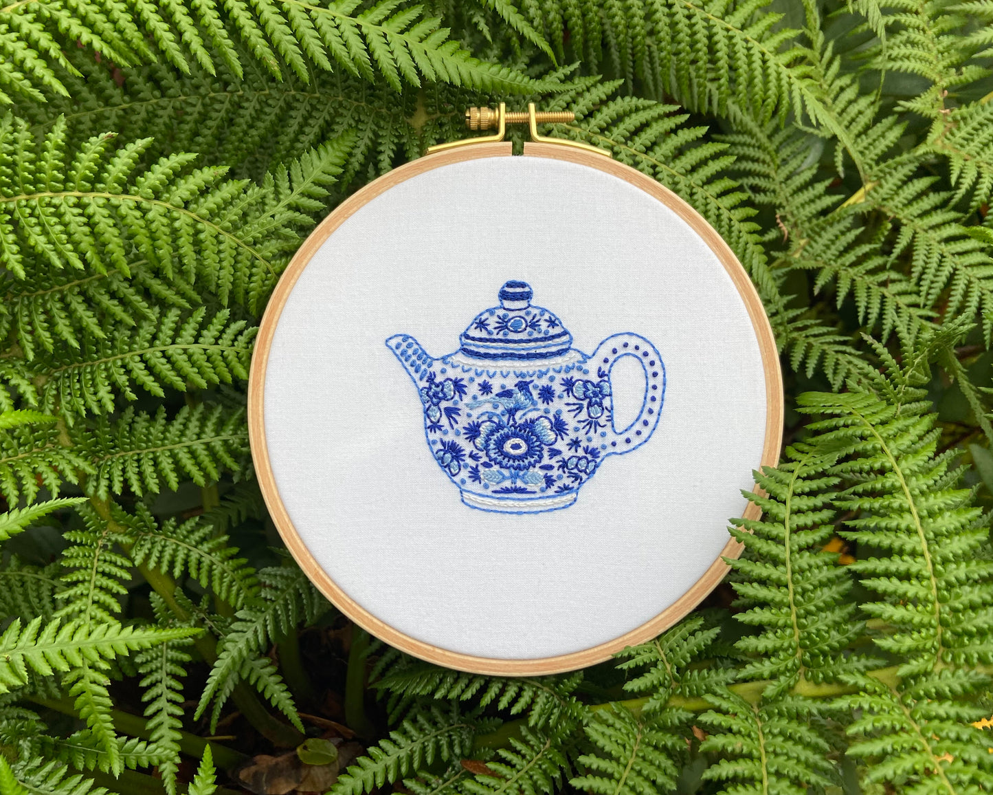 Delft blue tea pot ornament embroidery kit