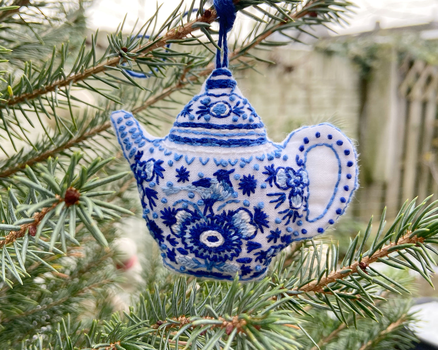 Delft blue tea pot ornament embroidery kit