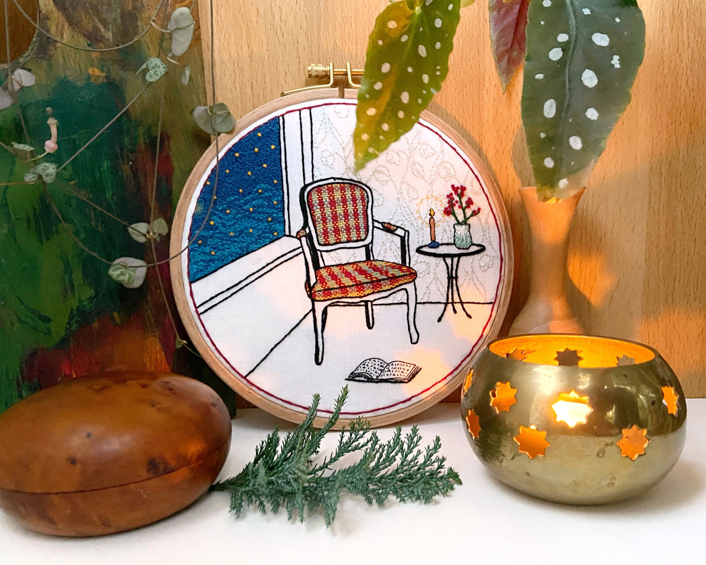 Candle light starry night embroidery pattern and fabric pack