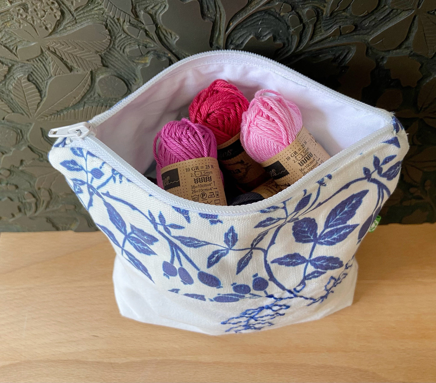 Blue linoprint rose hip pouch sewing kit