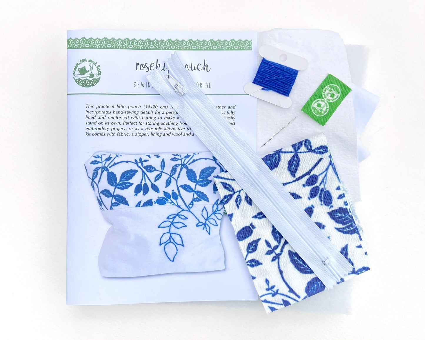 Blue linoprint rose hip pouch sewing kit