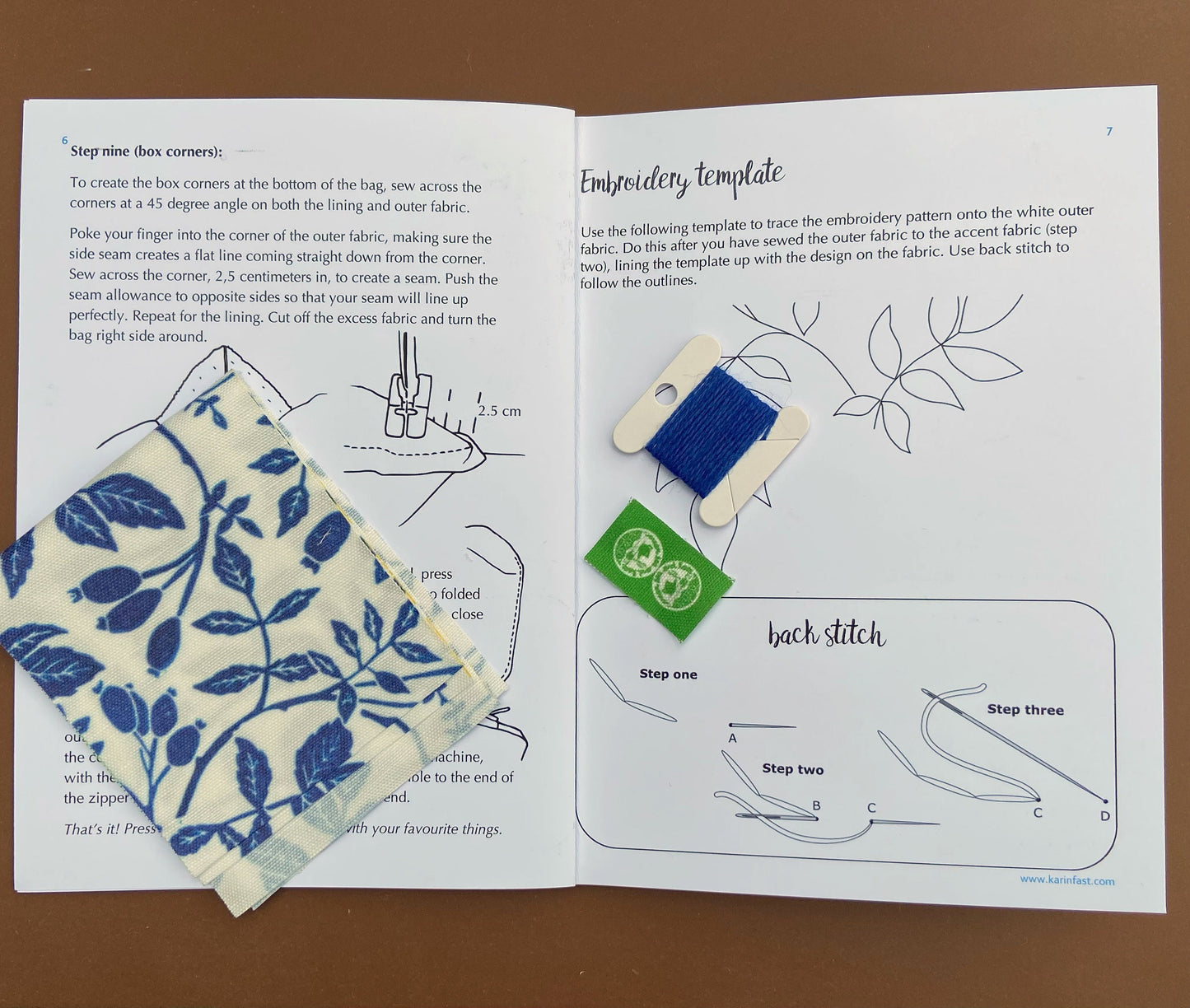 Blue linoprint rose hip pouch sewing kit