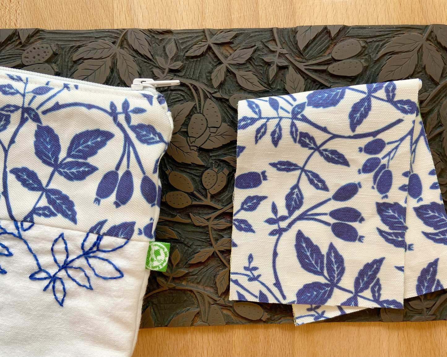Blue linoprint rose hip pouch sewing kit