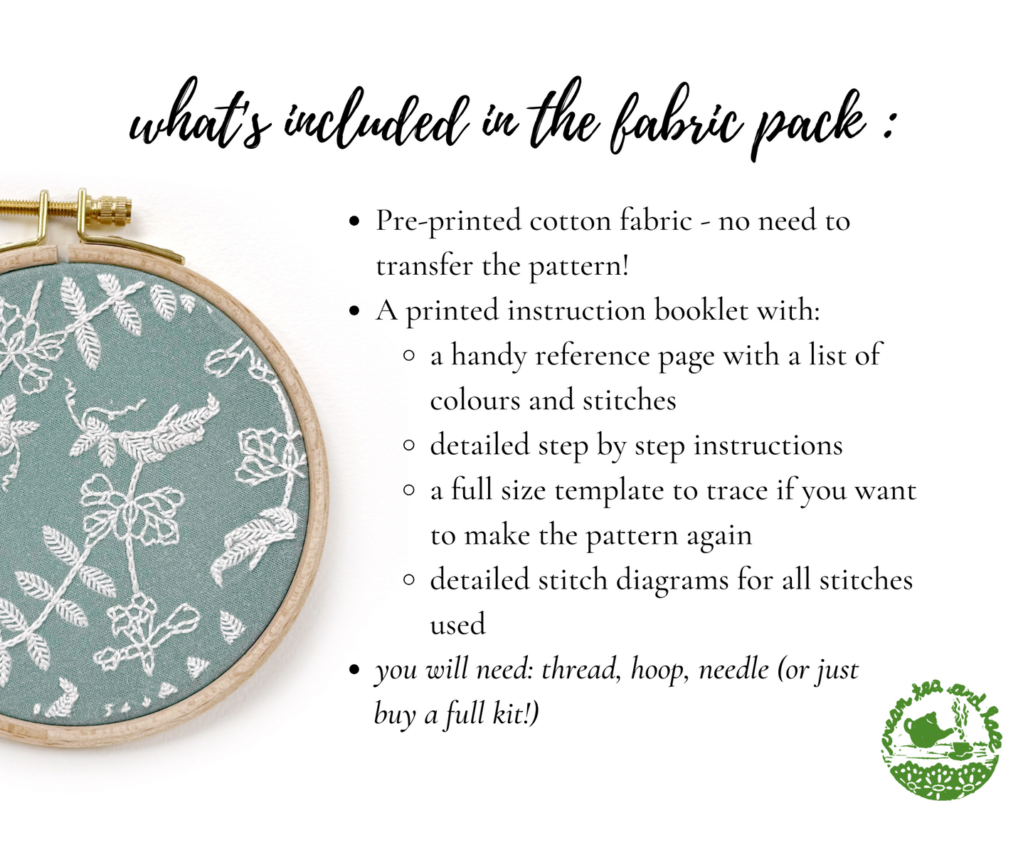 FABRIC PACK - mini floral embroidery kit for beginners - teal vetch
