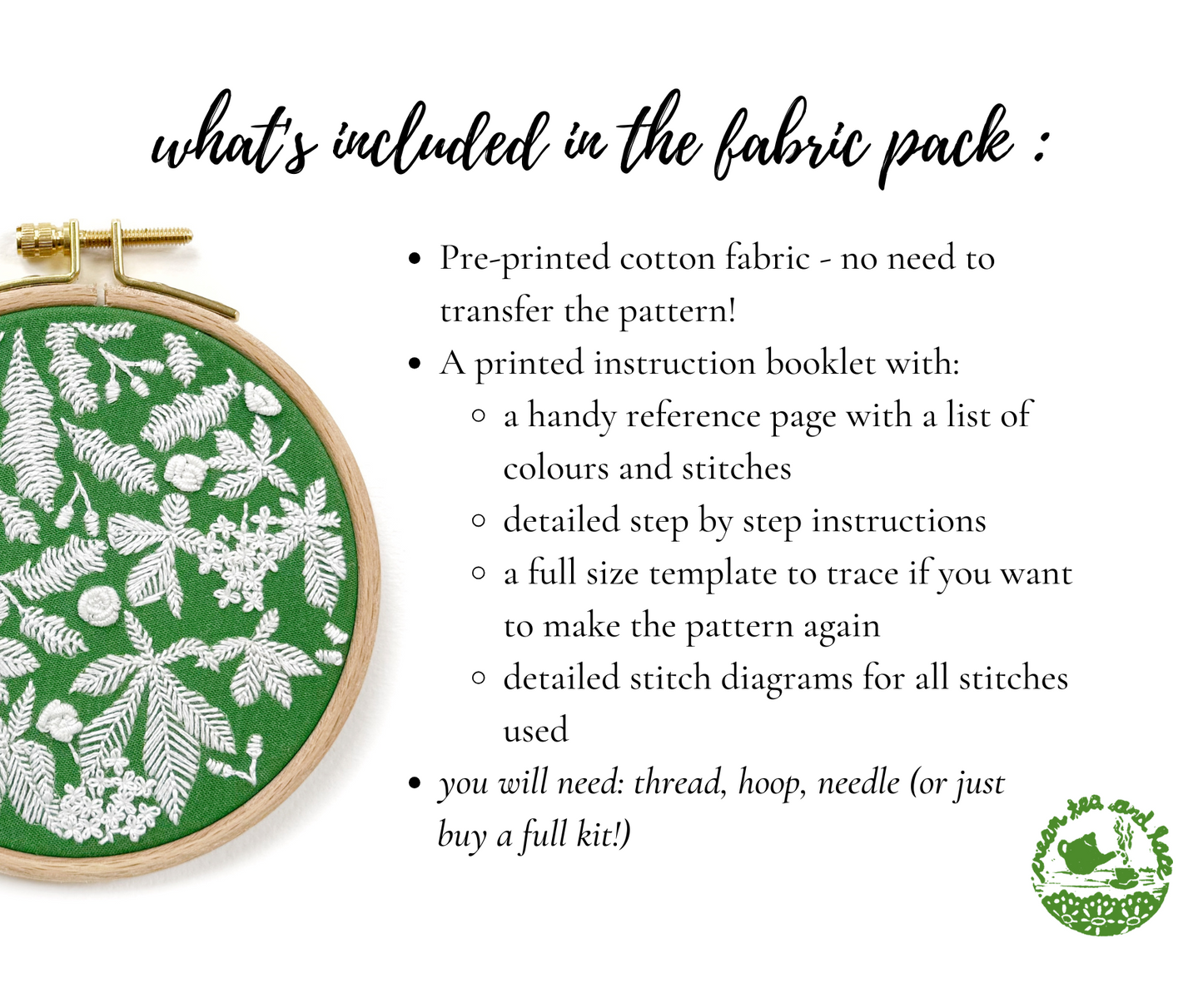 FABRIC PACK - mini floral embroidery kit for beginners - green chestnut