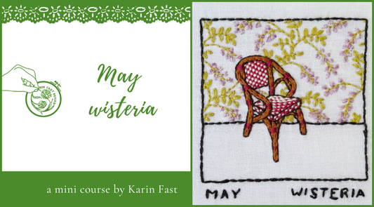 Embroidered design of a chair with floral patterns on a white background, promoting an embroidery course by Karin Fast.