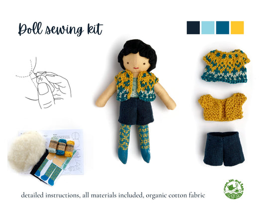 Fabric doll sewing kit, black hair and light skin Asian doll